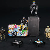 Military action figures in tactical outfits posed with colorful and metallic mini suitcases, two drones in front.