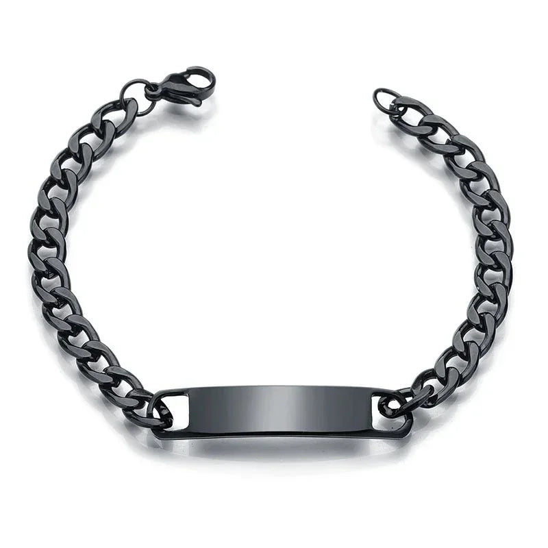 Black stainless steel curb chain bracelet with polished plate, modern minimalist style