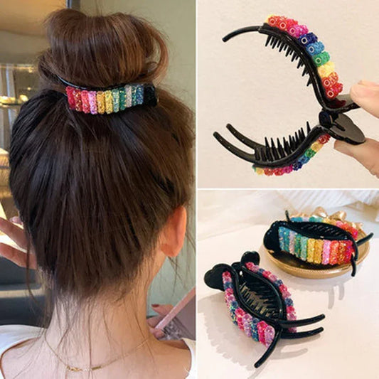 Woman wearing a rainbow beaded plastic hair claw clip with a secure, stylish grip