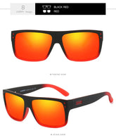 Matte black and red rectangular sunglasses with mirrored orange lenses, bold streetwear style.
