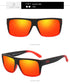 Matte black and red rectangular sunglasses with mirrored orange lenses, bold streetwear style.