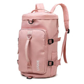 Pink waterproof backpack with adjustable straps, large front pocket, and modern streetwear style