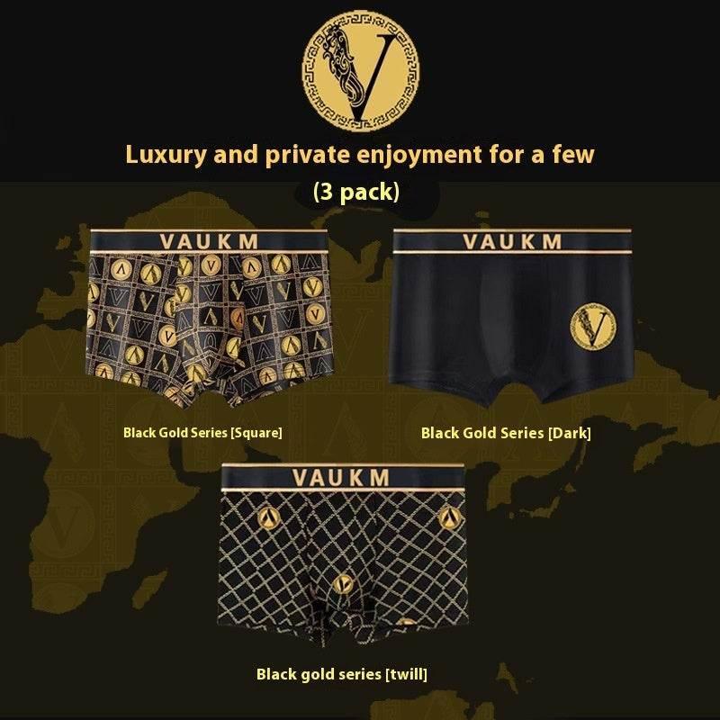 Men's black and gold boxer briefs, three-pack, geometric patterns, soft stretch fit.