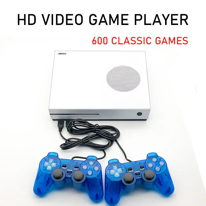 White HD video game console with two wired blue transparent controllers, minimalist design