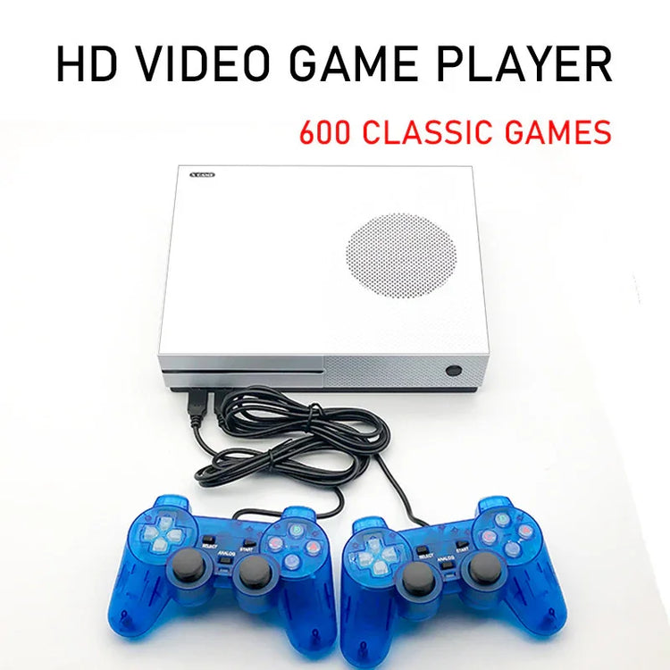 White HD video game console with two wired blue transparent controllers, minimalist design
