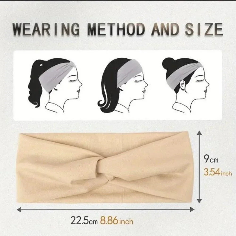 Beige twisted fabric headband, soft material, instructions for versatile hair styling, 22.5x9cm.