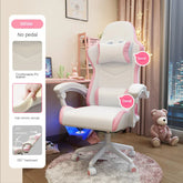 White and pink ergonomic PU leather gaming chair with high-density sponge and adjustable recline, shown in a cozy bedroom setting.