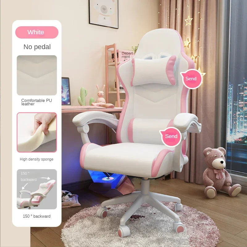 White and pink ergonomic PU leather gaming chair with high-density sponge and adjustable recline, shown in a cozy bedroom setting.