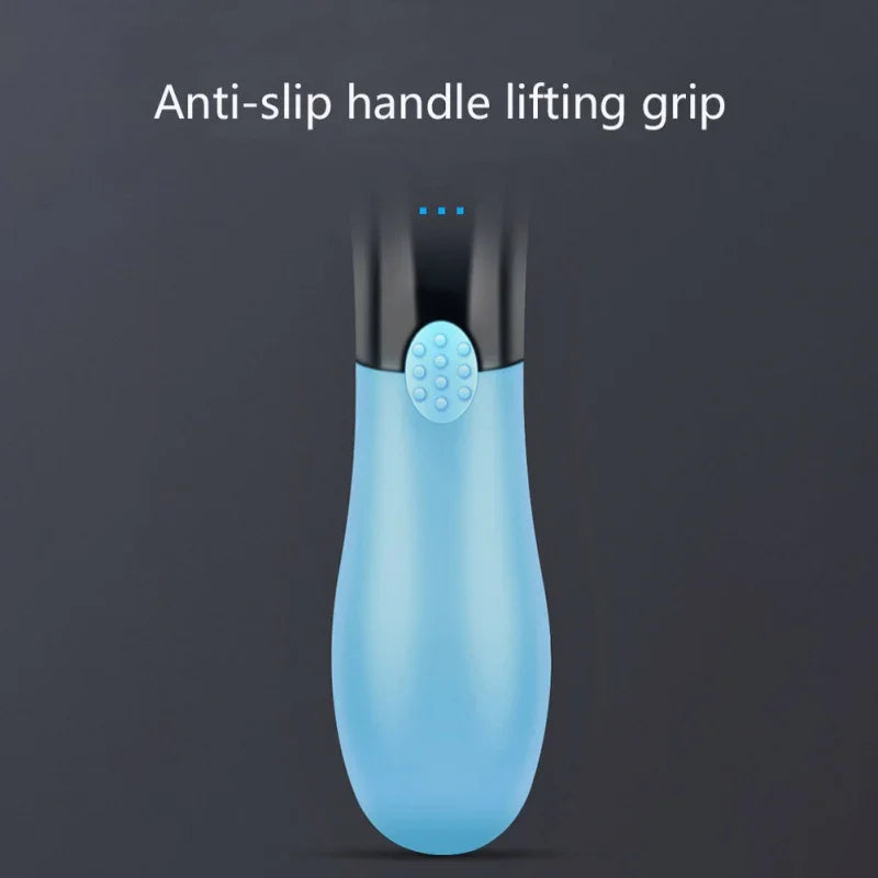 Blue ergonomic anti-slip handle lifting grip tool with textured button on dark background.