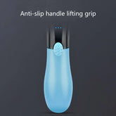 Blue ergonomic anti-slip handle lifting grip tool with textured button on dark background.