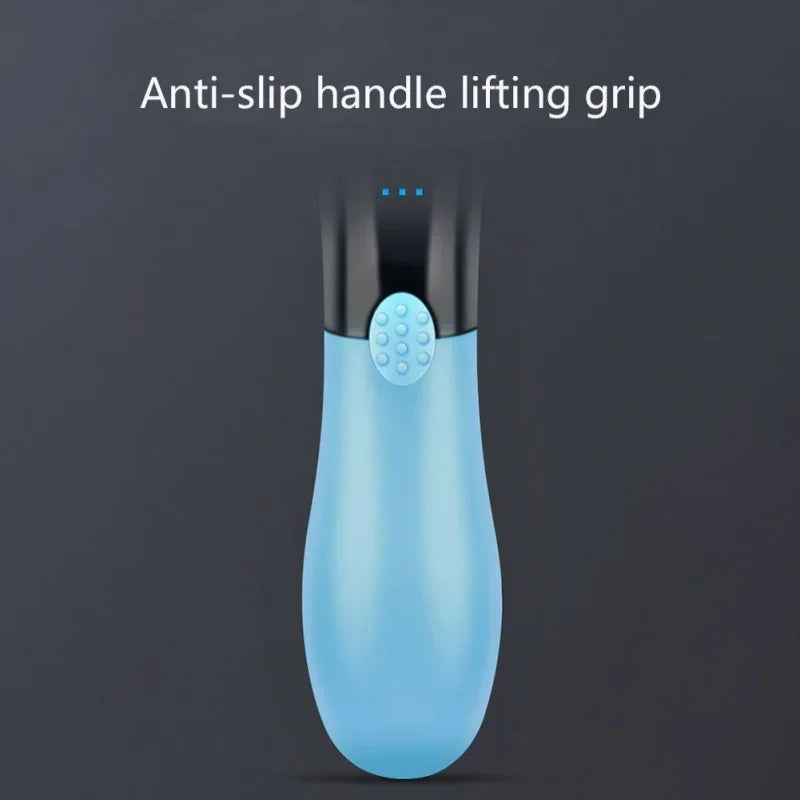 Blue ergonomic anti-slip handle lifting grip tool with textured button on dark background.