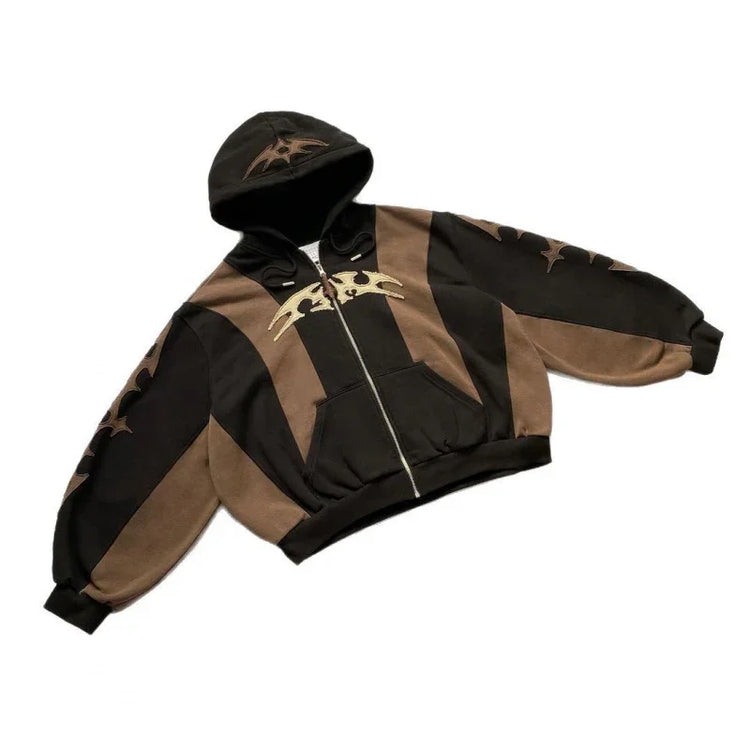 Brown and black colorblock zip-up hoodie with graphic accents, oversized streetwear fit