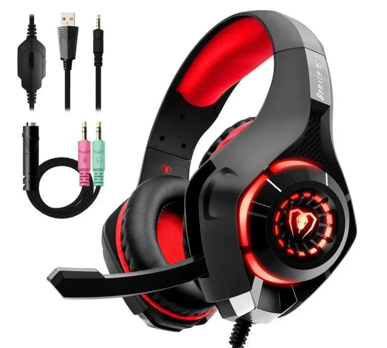 Black and red over-ear gaming headset with padded ear cups, LED lighting, and detachable cables