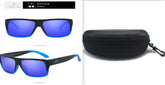 Black rectangular sunglasses with blue mirrored lenses, plastic frame, and hard case.