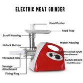 Red and white electric meat grinder with labeled components including food tray, motor housing, and sausage attachment.