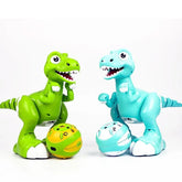Green and blue plastic dinosaur toys with matching interactive balls on a white background