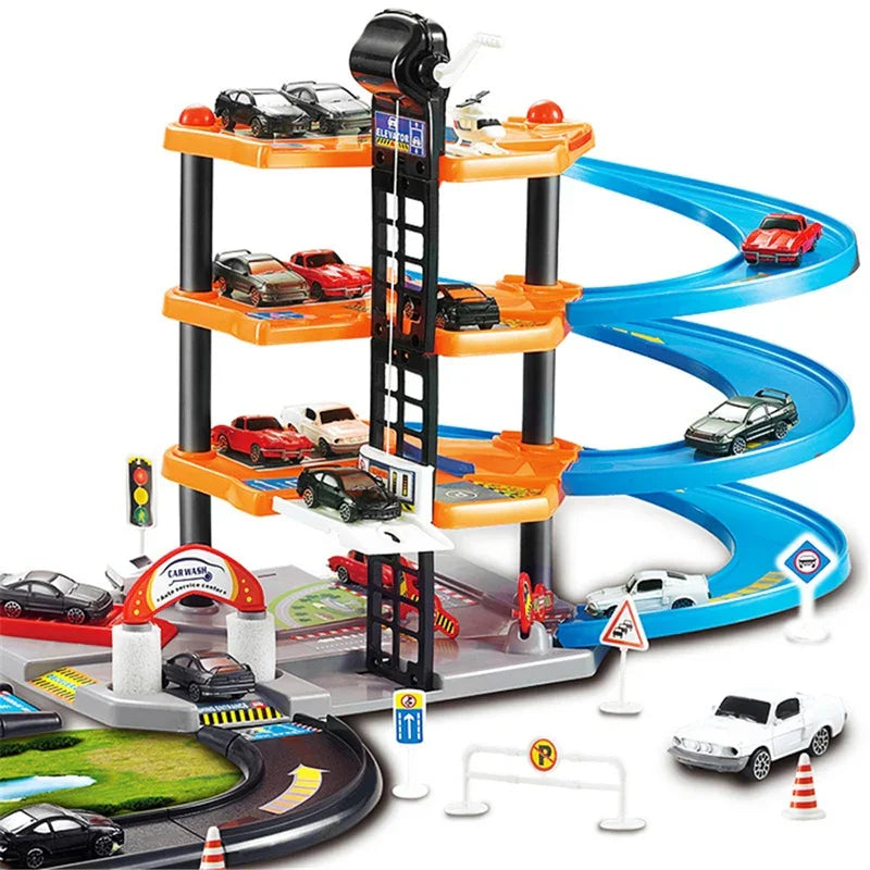 Three-level toy parking garage playset with colorful ramps, miniature cars, and road signs.