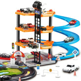 Three-level toy parking garage playset with colorful ramps, miniature cars, and road signs.