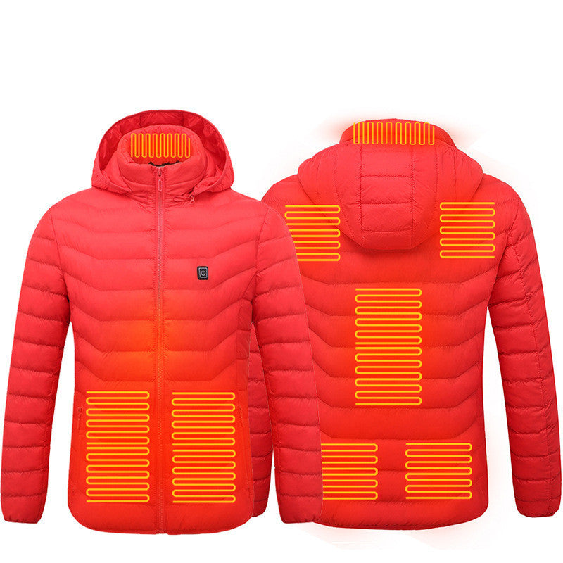 Red heated jacket coat with USB electric heating zones for men, lightweight and thermal winter wear with removable hood