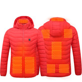 Red heated jacket coat with USB electric heating zones for men, lightweight and thermal winter wear with removable hood