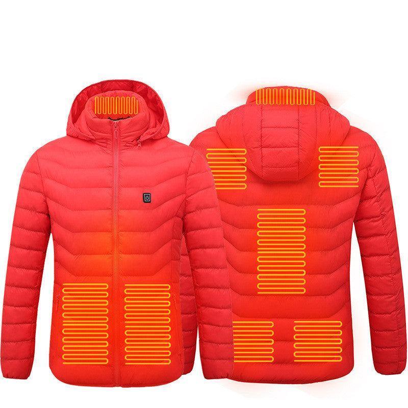 Red heated puffer jacket with hood, lightweight quilted material, slim fit, front and back view