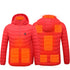 Red heated jacket coat with USB electric heating zones for men, lightweight and thermal winter wear with removable hood