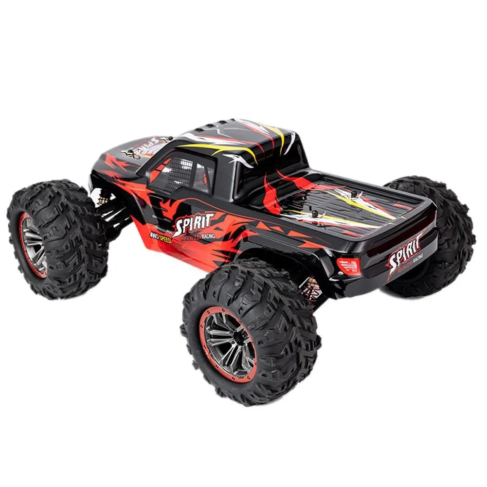 Black and red remote control monster truck with large rugged tires and flame graphics