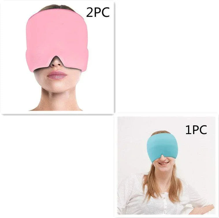 Woman wearing pink oversized sleep mask, another woman with blue ergonomic sleep mask.