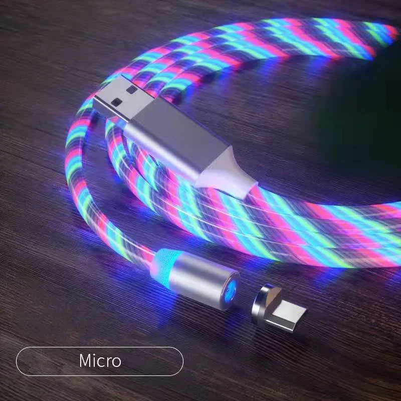 Glowing LED micro USB charging cable with magnetic connector, braided multicolor design