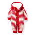 Red and white striped knit baby jumpsuit with hood and button-up front, cozy fit