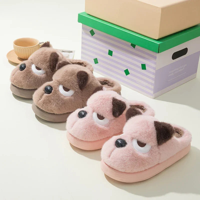 Fuzzy brown and pink dog face slippers, closed-toe, plush material, slip-on style