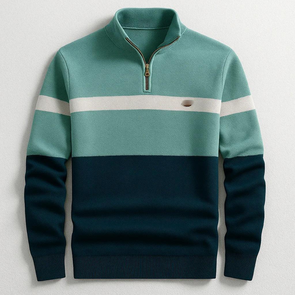 Men's colorblock knit pullover, teal and navy with white stripe, half-zip, relaxed fit