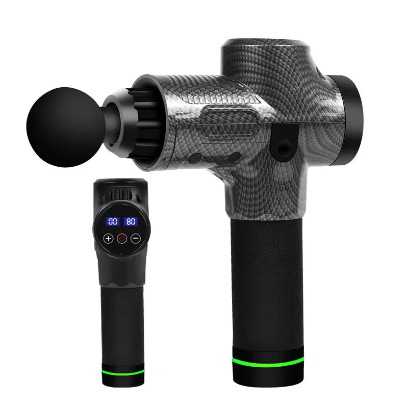 Carbon fiber style massage gun with black handle and digital display, futuristic look