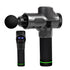 Carbon fiber style massage gun with black handle and digital display, futuristic look