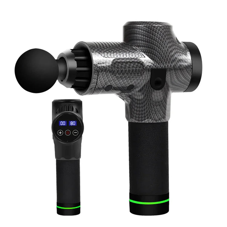 Carbon fiber style massage gun with black handle and digital display, futuristic look