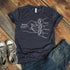 Dark gray cotton t-shirt with hand-drawn illustration and personalized name labels, relaxed fit.