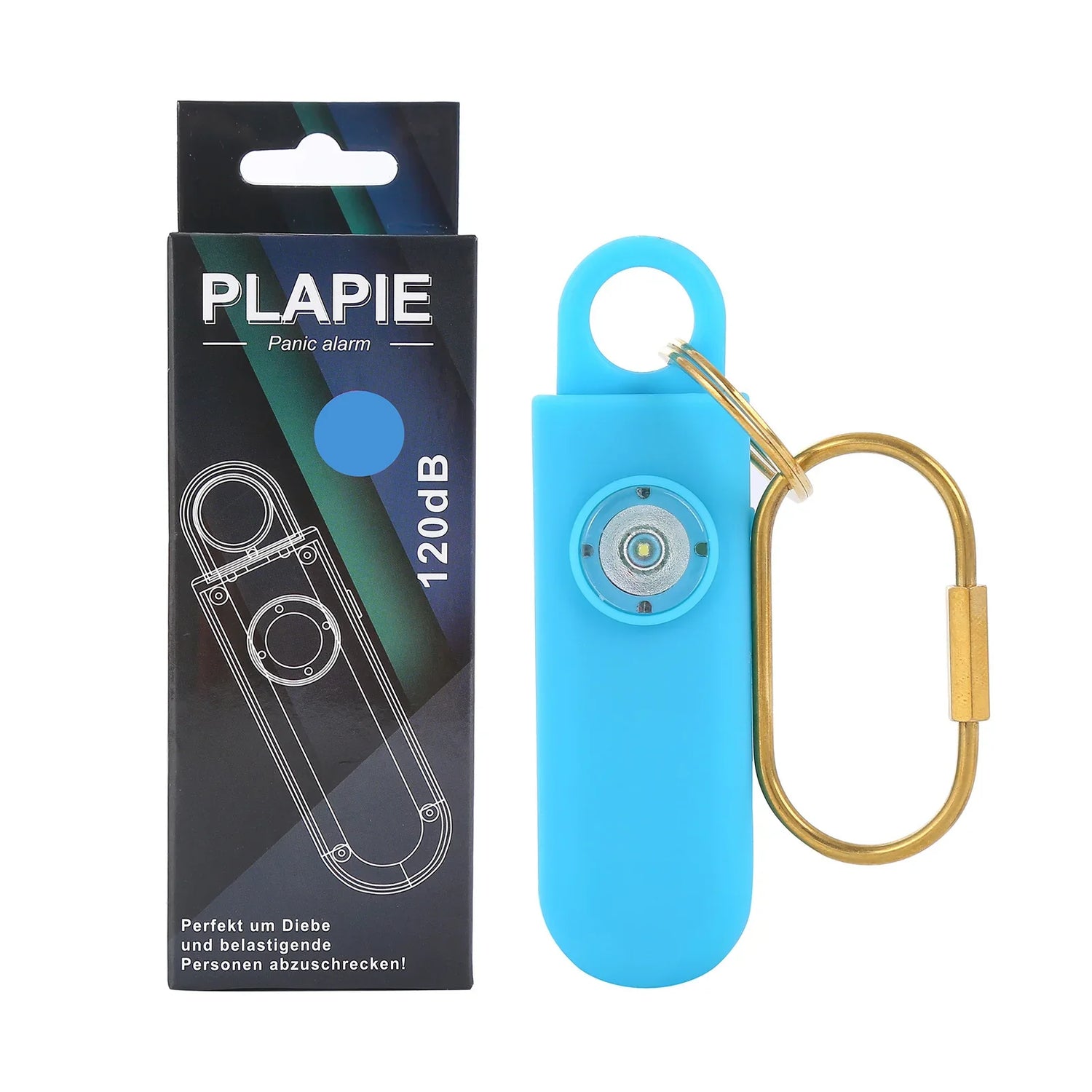 Blue personal safety alarm with gold keyring and retail packaging, modern tech accessory