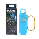 Blue personal safety alarm with gold keyring and retail packaging, modern tech accessory