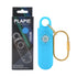 Blue personal safety alarm with gold keyring and retail packaging, modern tech accessory