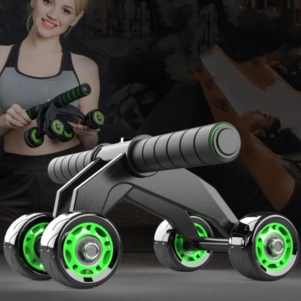 Woman in a gray and black sports bra holding a black and green ab roller with four wheels