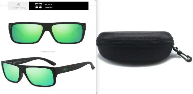 Matte black rectangular sunglasses with green mirrored lenses, shown with hard shell case.