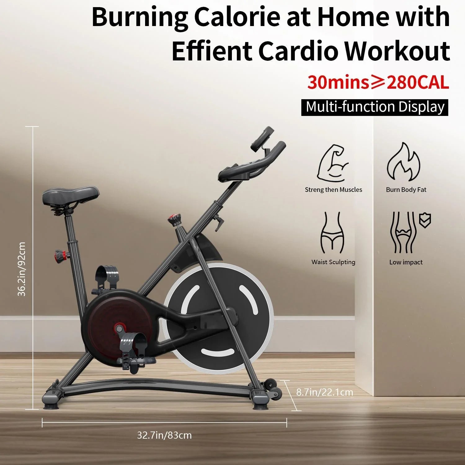Black indoor cycling exercise bike with adjustable seat and multi-function display, set in a modern room with wooden floor.
