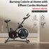 Black indoor cycling exercise bike with adjustable seat and multi-function display, set in a modern room with wooden floor.