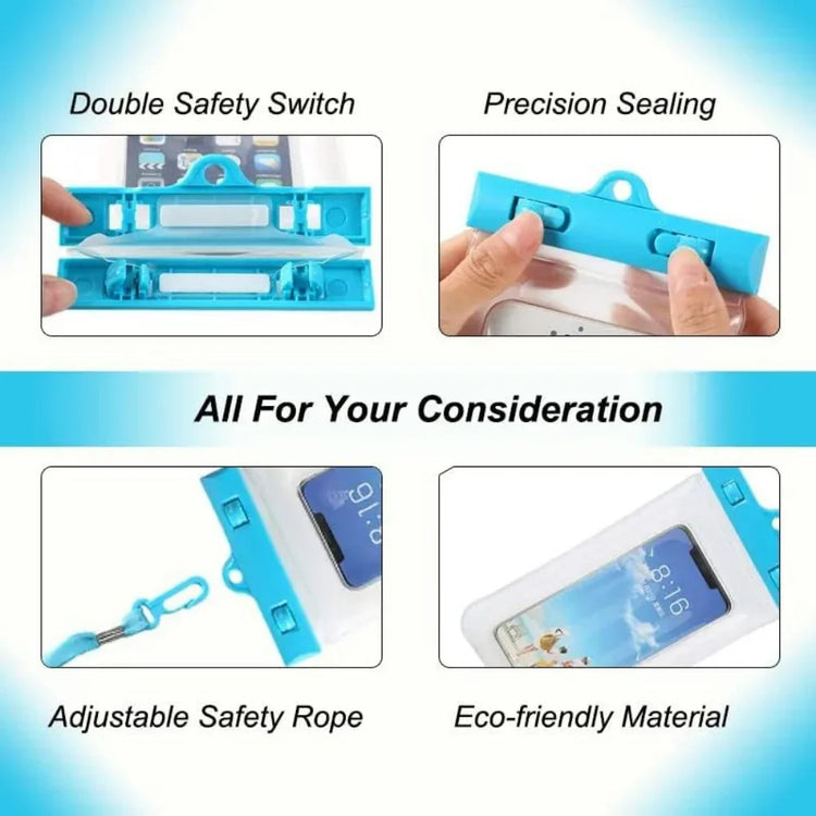 Clear waterproof phone pouch with blue accents, double safety switch, precision sealing, adjustable rope, eco-friendly material.