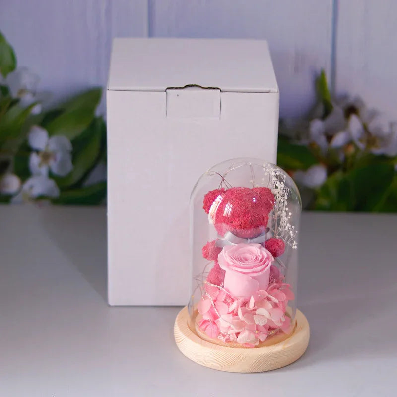 Plush pink teddy bear and preserved rose in glass dome on wooden base, gift display