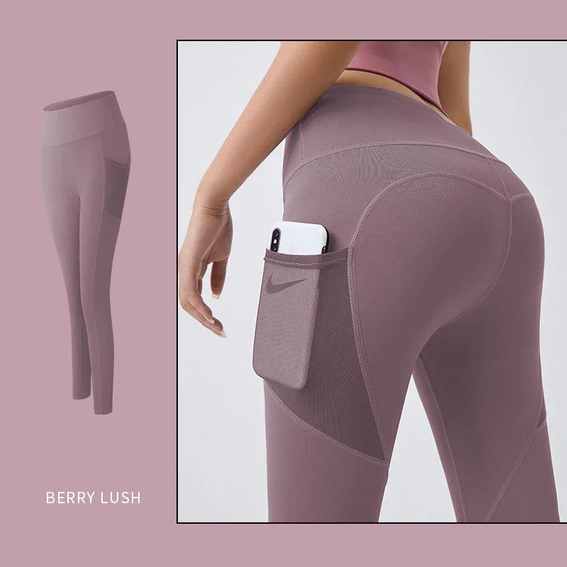 Berry Lush mauve high-waisted leggings with side pocket, seamless fit, and stretch fabric.