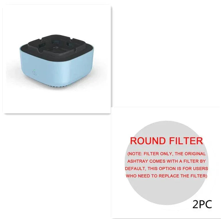Square blue and black tabletop ashtray with replaceable round air filter option, modern design