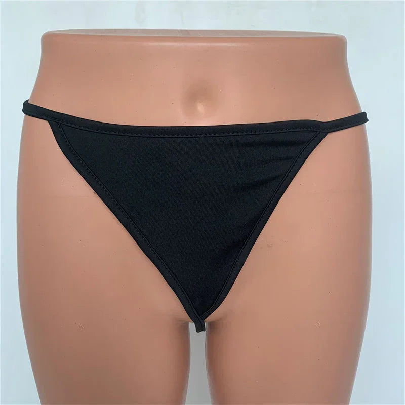 Black high-cut bikini bottom with slim straps, stretch fabric, minimal coverage fit