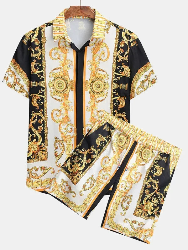 Baroque print short sleeve shirt and matching shorts set, black and gold, relaxed fit streetwear