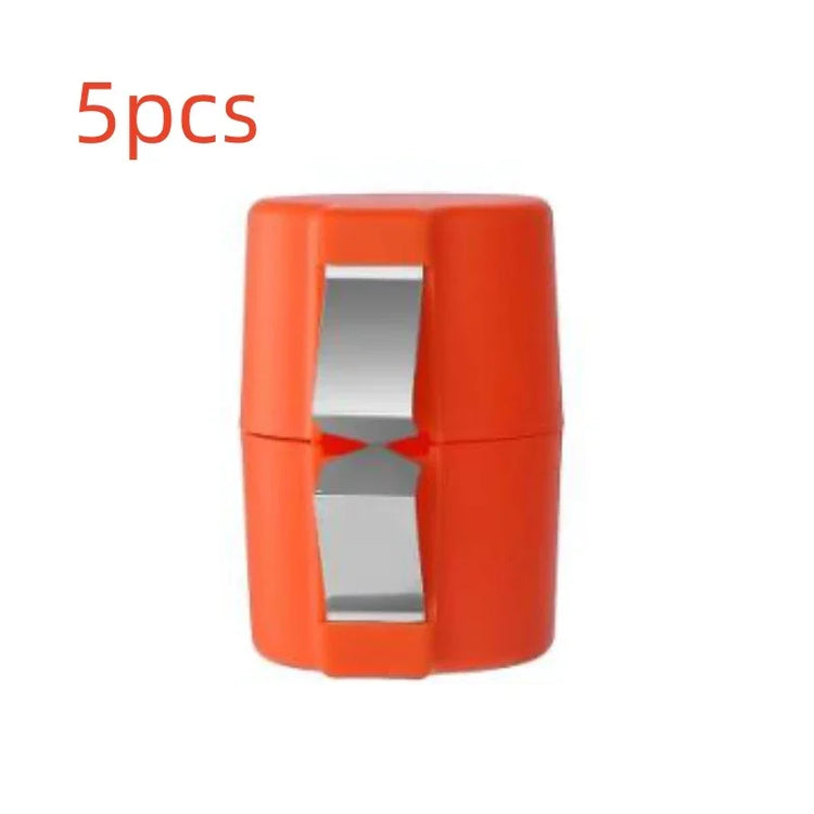 Orange compact plastic tube cutter with metal blades, set of 5 pieces, on white background.